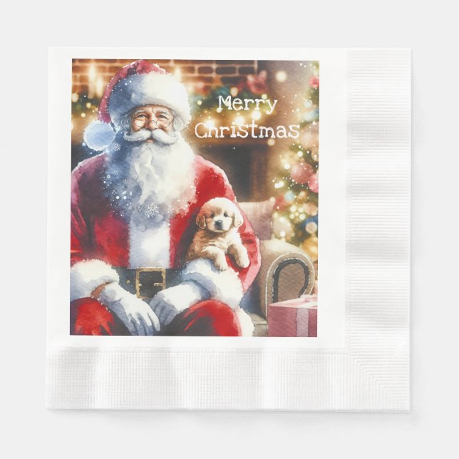 Santa and a Puppy | Vintage Christmas Napkin (Front)