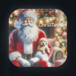 Santa and a Puppy | Vintage Christmas Paper Plate<br><div class="desc">A cute watercolor style ai art depicting Santa holding a puppy dog on his lap on Christmas Eve with vintage vibes. Christmas party paper plates.</div>