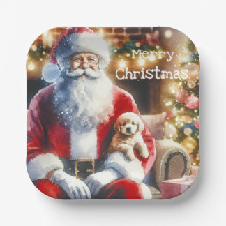 Santa and a Puppy | Vintage Christmas Paper Plate