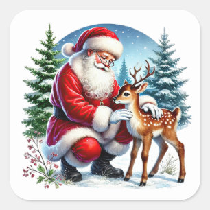 Santa and a Young Reindeer in Winter Square Sticker