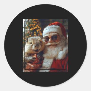 Santa And Beaver Selfie Funny Christmas Design  Classic Round Sticker