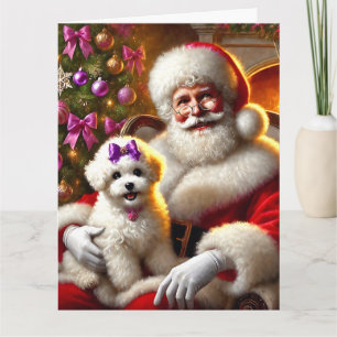 Santa and Bichon Frisé Puppy with Purple Bow Card