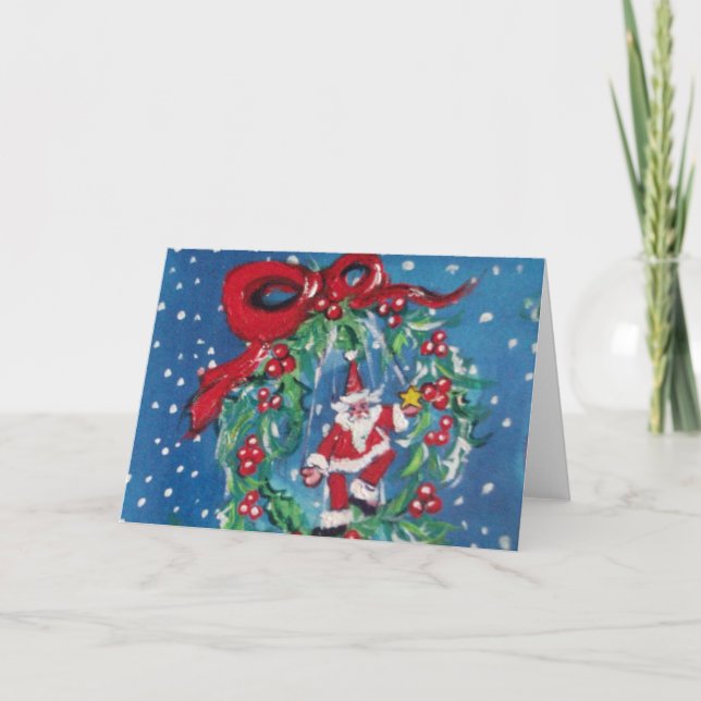 SANTA AND CHRISTMAS NIGHT CROWN WITH RED RIBBON HOLIDAY CARD (Front)