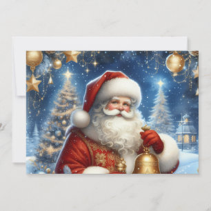 Santa and Christmas tree, blue & gold Holiday Card
