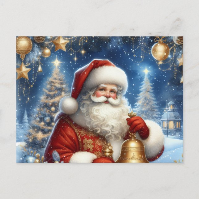 Santa and Christmas tree, blue & gold Postcard (Front)