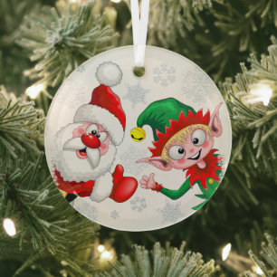 Santa and Elf Christmas Characters Thumbs Up  Glass Tree Decoration
