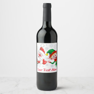 Santa and Elf Christmas Characters Thumbs Up  Wine Label