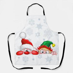 Santa and Elf Cute and funny Characters Peeking  Apron