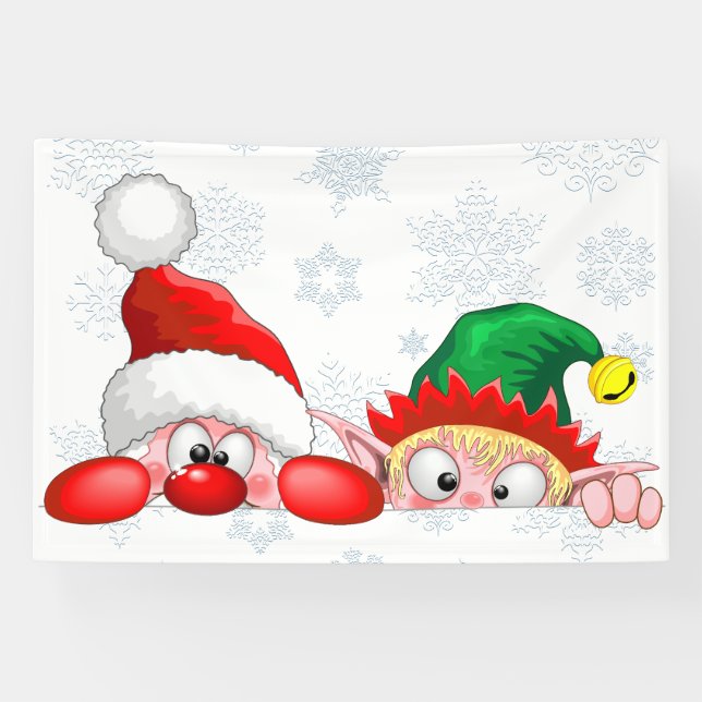 Santa and Elf Cute and funny Characters Peeking  Banner (Horizontal)