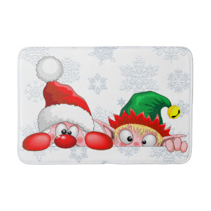 Santa and Elf Cute and funny Characters Peeking  Bath Mat