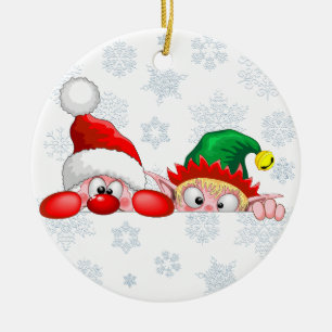 Santa and Elf Cute and funny Characters Peeking Ceramic Tree Decoration