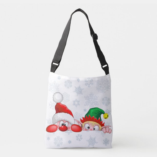 Santa and Elf Cute and funny Characters Peeking  Crossbody Bag (Front)