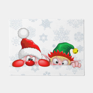 Santa and Elf Cute and funny Characters Peeking   Doormat