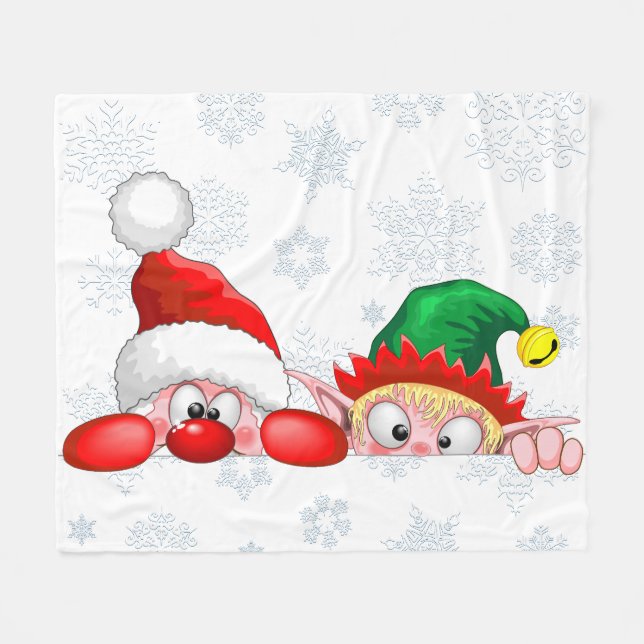 Santa and Elf Cute and funny Characters Peeking  Fleece Blanket (Front (Horizontal))