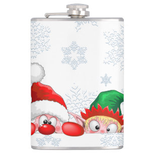 Santa and Elf Cute and funny Characters Peeking Hip Flask