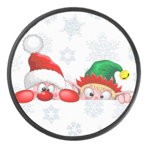 Santa and Elf Cute and funny Characters Peeking  Hockey Puck