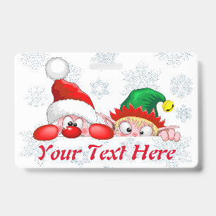 Santa and Elf Cute and funny Characters Peeking  ID Badge
