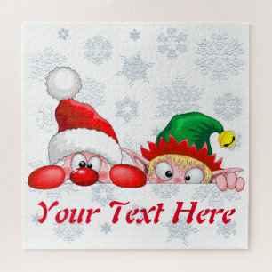 Santa and Elf Cute and funny Characters Peeking Jigsaw Puzzle