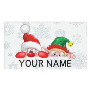 Santa and Elf Cute and funny Characters Peeking   Name Tag