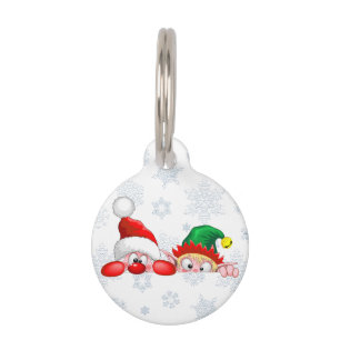 Santa and Elf Cute and funny Characters Peeking  Pet Tag
