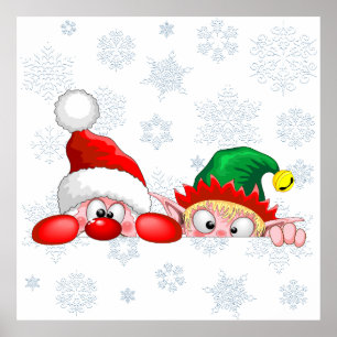 Santa and Elf Cute and funny Characters Peeking  Poster