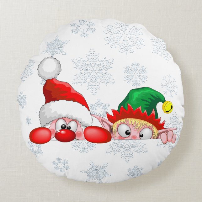 Santa and Elf Cute and funny Characters Peeking   Round Cushion (Front)