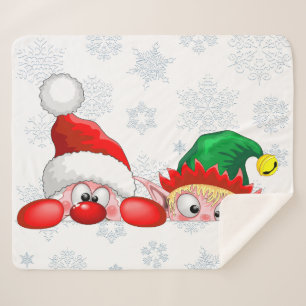Santa and Elf Cute and funny Characters Peeking  Sherpa Blanket