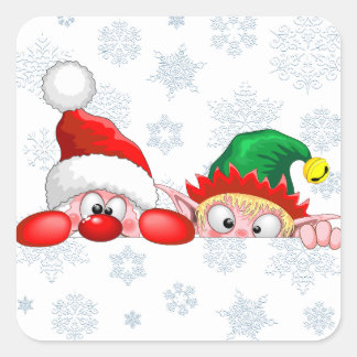 Santa and Elf Cute and funny Characters Peeking Square Sticker