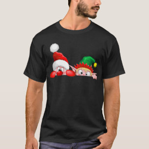 Santa and Elf Cute and funny Characters Peeking  T-Shirt