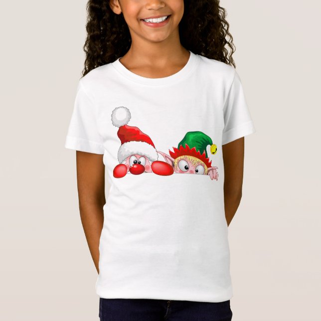 Santa and Elf Cute and funny Characters Peeking  T-Shirt (Front)