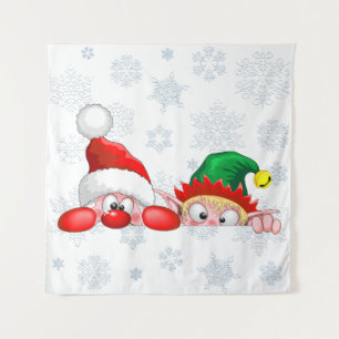 Santa and Elf Cute and funny Characters Peeking   Tapestry