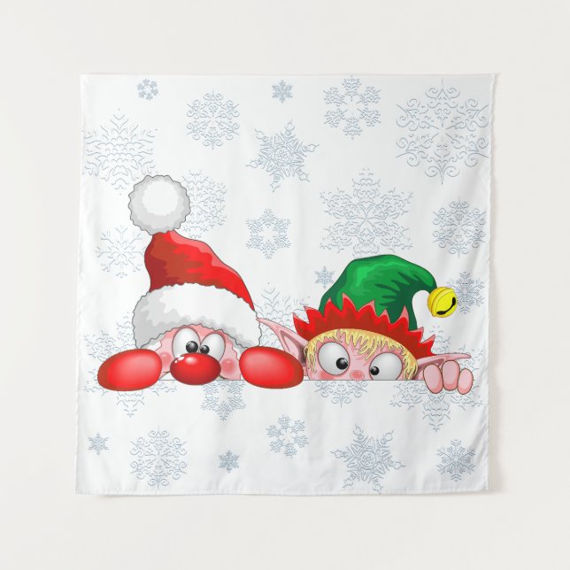Santa and Elf Cute and funny Characters Peeking   Tapestry (Front)