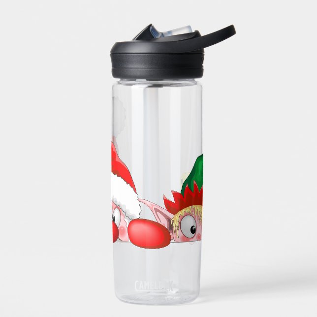 Santa and Elf Cute and funny Characters Peeking   Water Bottle (Left)