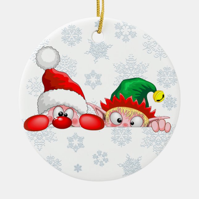 Santa and Elf Cute and funny Christmas Cartoon Cha Ceramic Tree Decoration (Front)