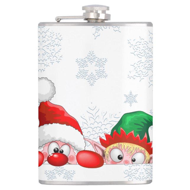 Santa and Elf Cute and funny Christmas Cartoon Cha Hip Flask (Front)