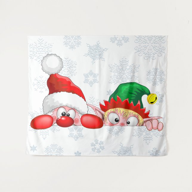 Santa and Elf Cute and funny Christmas Cartoon Cha Tapestry (Front (Horizontal))