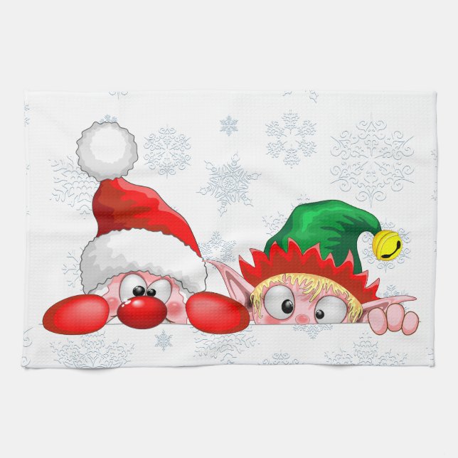Santa and Elf Cute and funny Christmas Cartoon Cha Tea Towel (Horizontal)