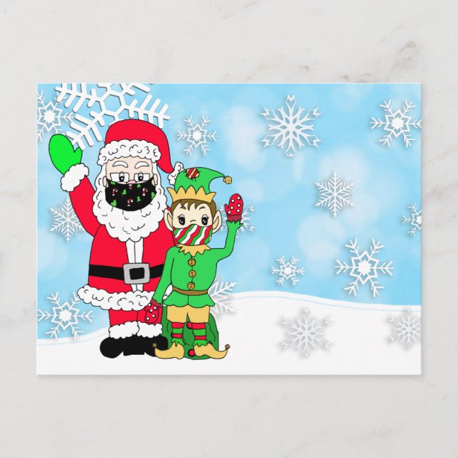 Santa and Elf in Facemasks Letter from Santa Blank Holiday Postcard (Front)