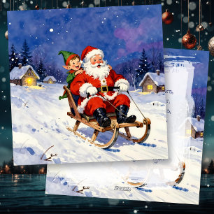 Santa and Elf Sledding on Christmas Eve Holiday Card