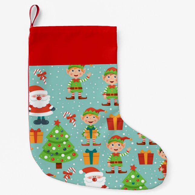 Santa And Elfs Christmas Pattern Small Christmas Stocking (Front)