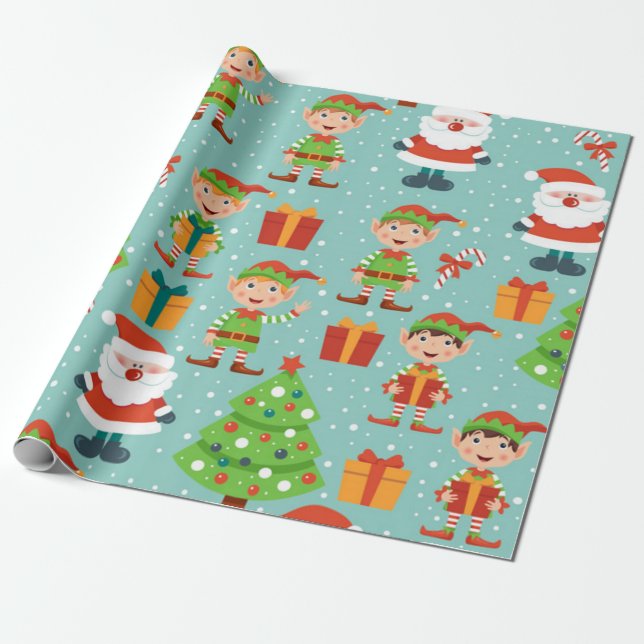 Santa And Elfs Christmas Pattern Wrapping Paper (Unrolled)