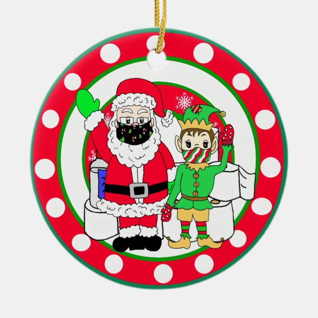 Santa and Elves Facemasks and Toilet Paper Ceramic Tree Decoration (Front)