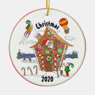Santa and Elves in Gingerbread House Comic Design Ceramic Tree Decoration