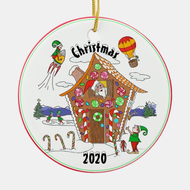 Santa and Elves in Gingerbread House Comic Design Ceramic Tree Decoration (Front)