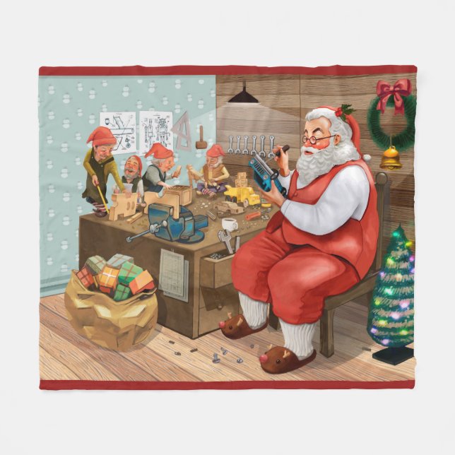 Santa And Elves Making Toys | Christmas Fleece Blanket (Front (Horizontal))