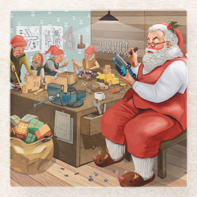 Santa And Elves Making Toys | Christmas Glass Coaster (Front)