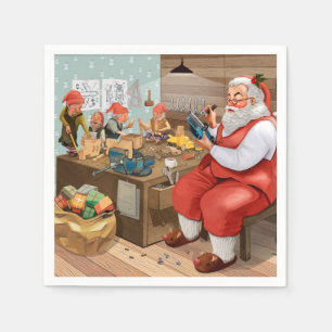 Santa And Elves Making Toys   Christmas Napkin