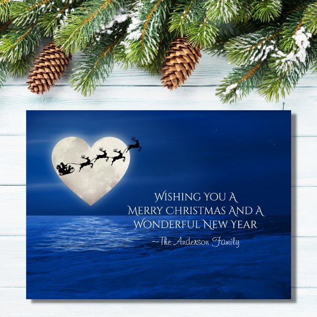 Santa and Heart Full Moon Beach Christmas Holiday Card (Creator Uploaded)