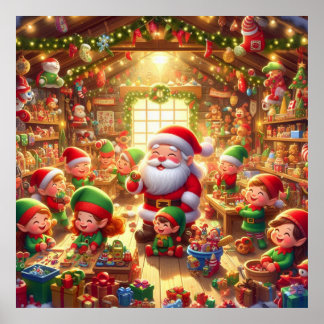 Santa and His Cute Little Elves in His Workshop Poster