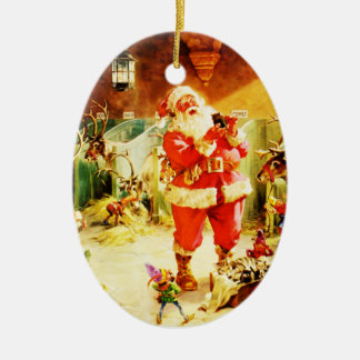 Santa and His Elves in The North Pole Stables Ceramic Tree Decoration